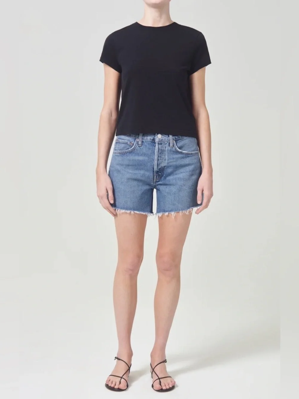 Agolde Parker Long Shorts in Skywave Denim Frayed | Size 26 | NWOT
